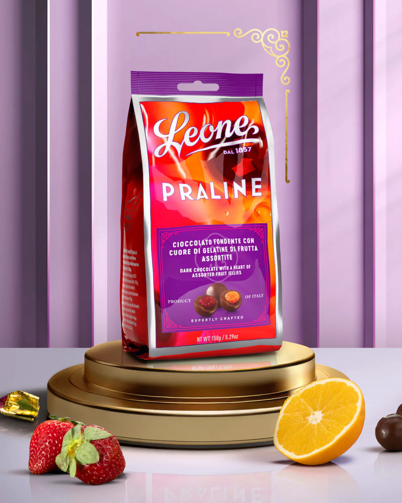 SACCHETTO LEONE PRALINE CIOCCOLATO FONDENTE CON CUORE DI GELATINE