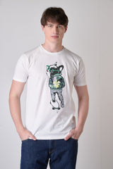 T-SHIRT BIANCA CON STAMPA BULLDOG E INSERTO IN TESSUTO RICAMATO